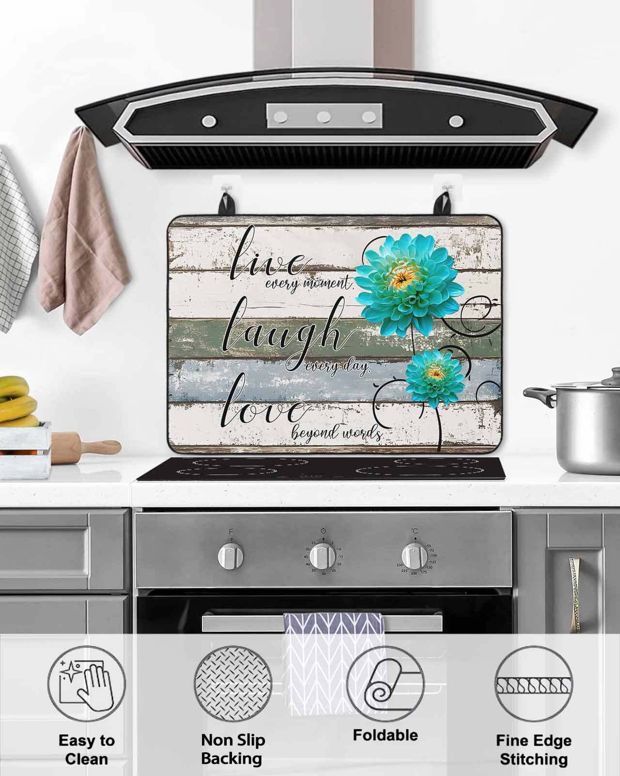nqOlkjepod Large Induction Cooktop Protector Mat 24"x21", Teal Floral Stove Top Covers for Electric Stove, Farmhouse Green White Blue Wooden Decorative Stove Burner Cover Mats, Glass Top Stove Cover