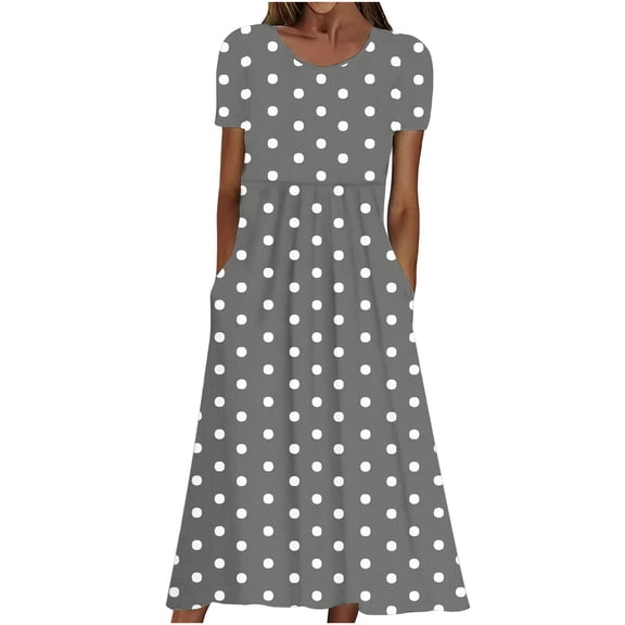 Cmfcve Summer Short Sleeve Midi Dress Polka Dot Round Neck Dress With Pockets Casual A-Line Flowy Shirt Dress Casual Vacation Beach Sundress