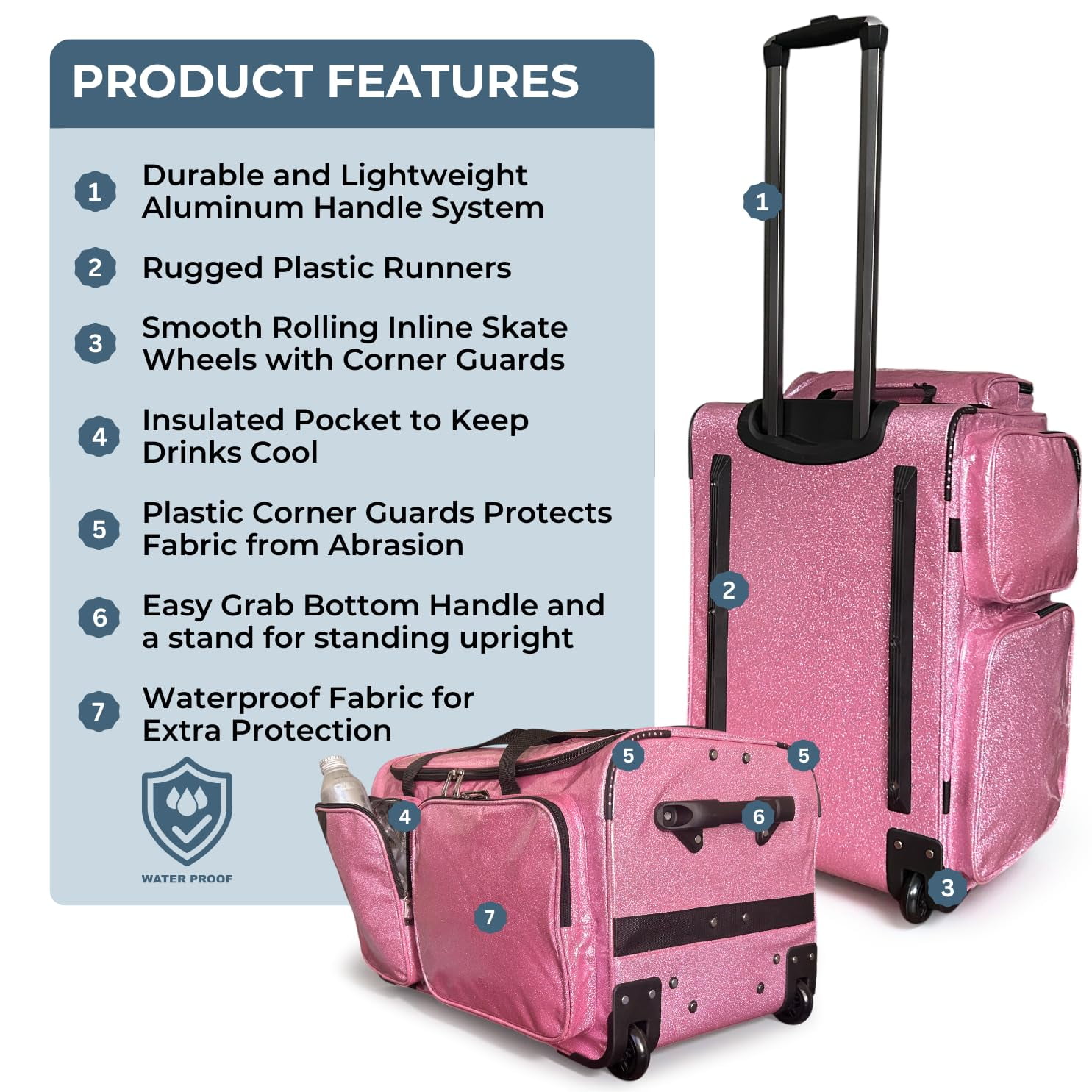 NEW! Travolution Dance Bag with Garment Rack, 23 Inch Rolling Duffel With Wheels, Ideal for Competitions & Travel, Easy-assembly Lightweight Aluminum Clothes Rack (Glitter Pink)