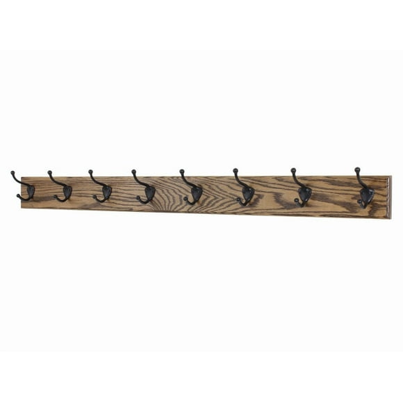 PEG AND RAIL Oak Coat Rack with Oil Rubbed Bronze Hat & Coat Style Hooks (Walnut, 41" x 3.5" with 8 Hooks)