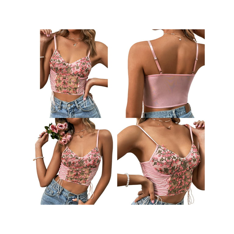 TheFound Women Lace Corset Crop Top Push Up Bustier Floral Top Cami Top  Aesthetic Spaghetti Strap Top Camisole Bralette Clubwear