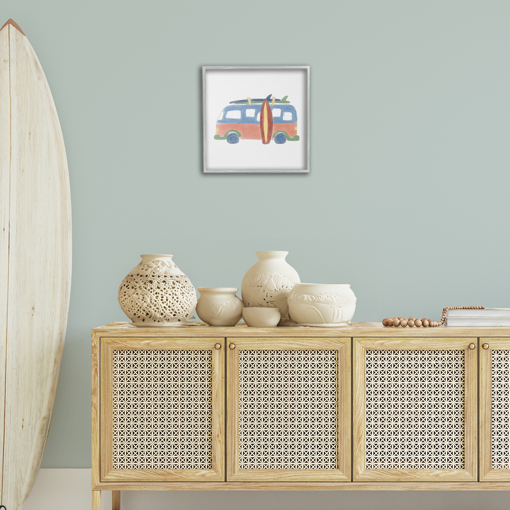 Stupell Industries Summer Beach Bus Transportation Painting Gray Framed Art Print Wall Art, 17 x 17