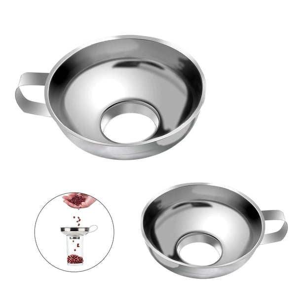 Embudos de enlatado de acero inoxidable, paquete de 2, embudos de boca ancha para cocina, embudos de llenado fácil con asa para transferir líquidos, aceite, polvos, frijoles, mermeladas