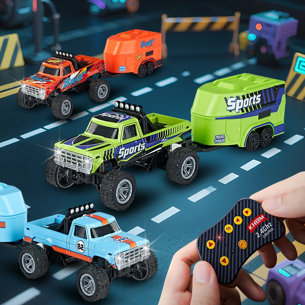 1: 64 scale Bigfoot with trailer remote control car - equipped with lights, 2.4GHz remote control, alloy structure, supporting speed regulation/steering