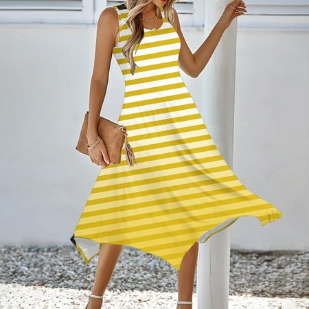 Usdian Graduation Dress Crew Neck Sleeveless Tank Dresse Plus Size Summer Dresses Plus Size Summer Dresses Beach Dresses Stylish Printed for Casual Wear Yellow S Womens Summer Dresses Clearance Sale