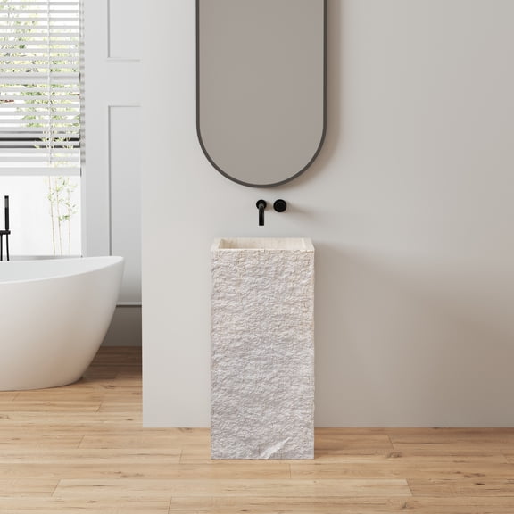 MEDUNJESS 34" Tall Rectangular Pedestal Bathroom Sink,Stone Resin Freestanding Bathroom Sink with Inspection Port