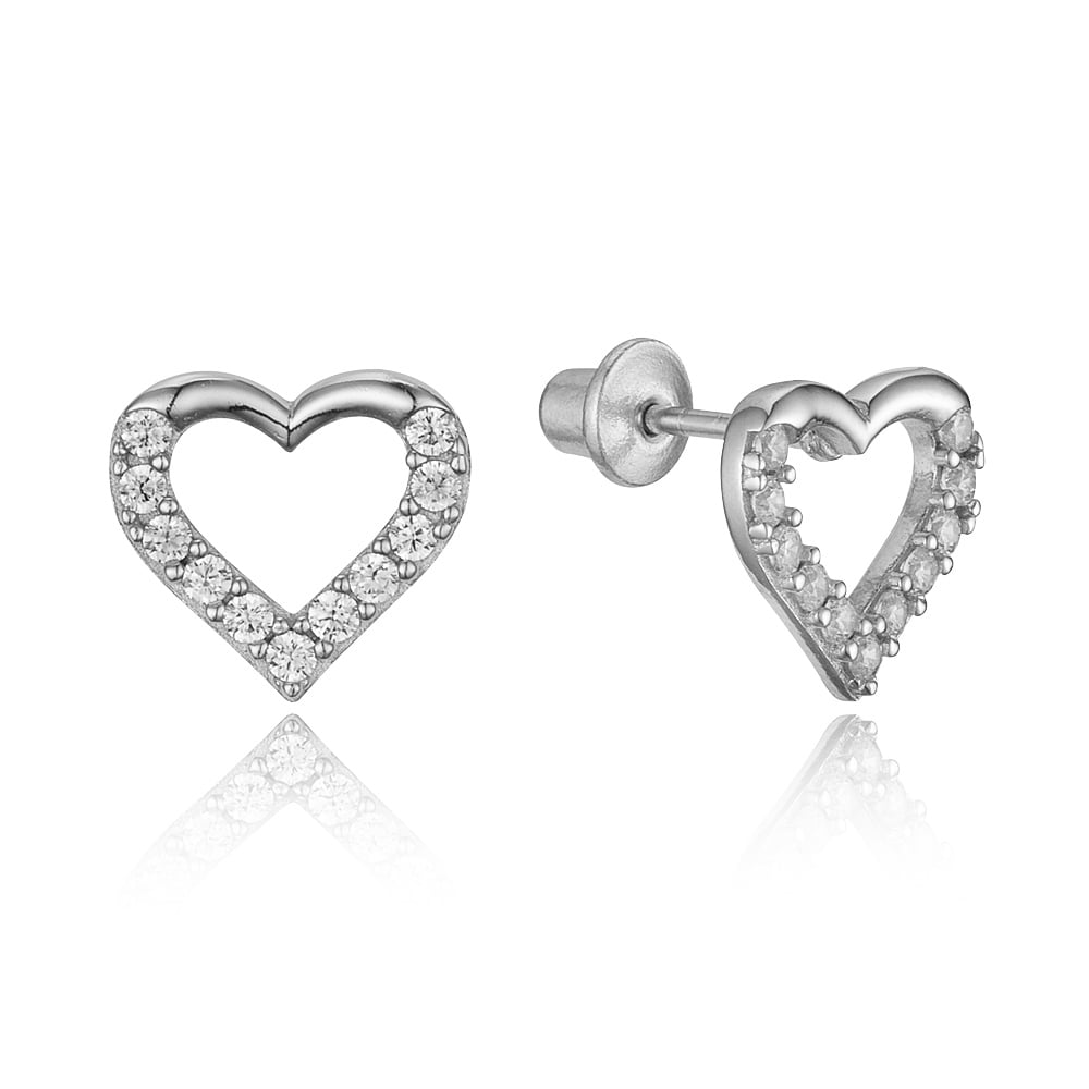 Sterling Silver Rhodium Plated Open Heart Cubic Zirconia Children Stud Screwback Baby Girls Earrings