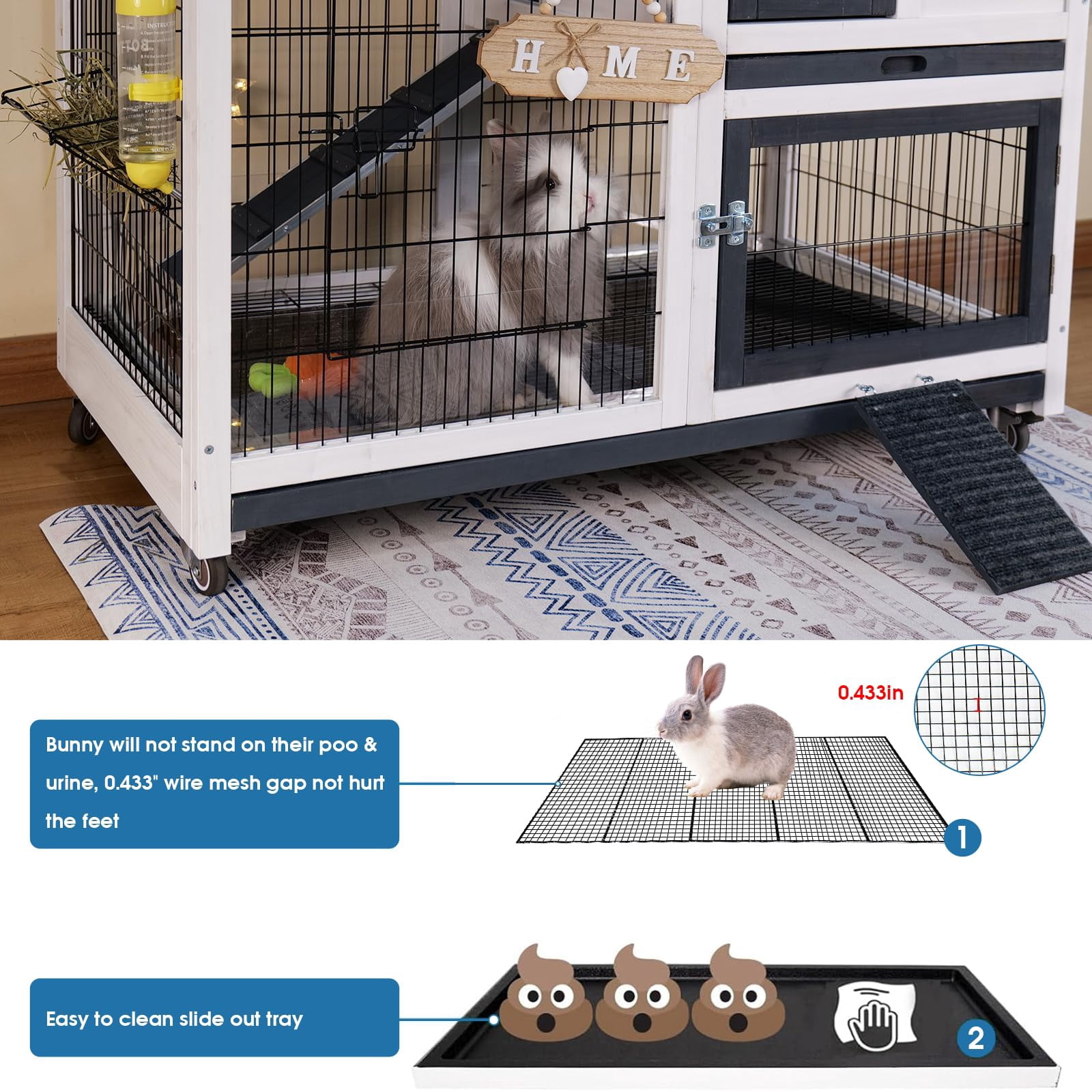 Rabbit Hutch Indoor Bunny Cage Outdoor 2 Storey Mobile Guinea Pig Cage with Urine Guards Wire Bottom 2 Deep Trays for Small Pets, White