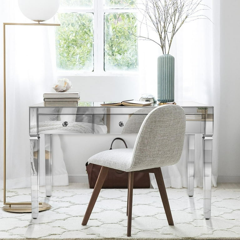 UBesGoo Large Mirrored Vanity Desk Silver Console Table Office Desk Makeup Dressing Table with 3 Drawers for Entryway Hallway Living Room