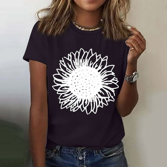 Bovemsi Women's Sunflowers Short Sleeve T Shirts Vintage Cute Graphic Crew Neck Summer Casual Tops, Black Women's Summer Short Sleeve T-Shirts, XL