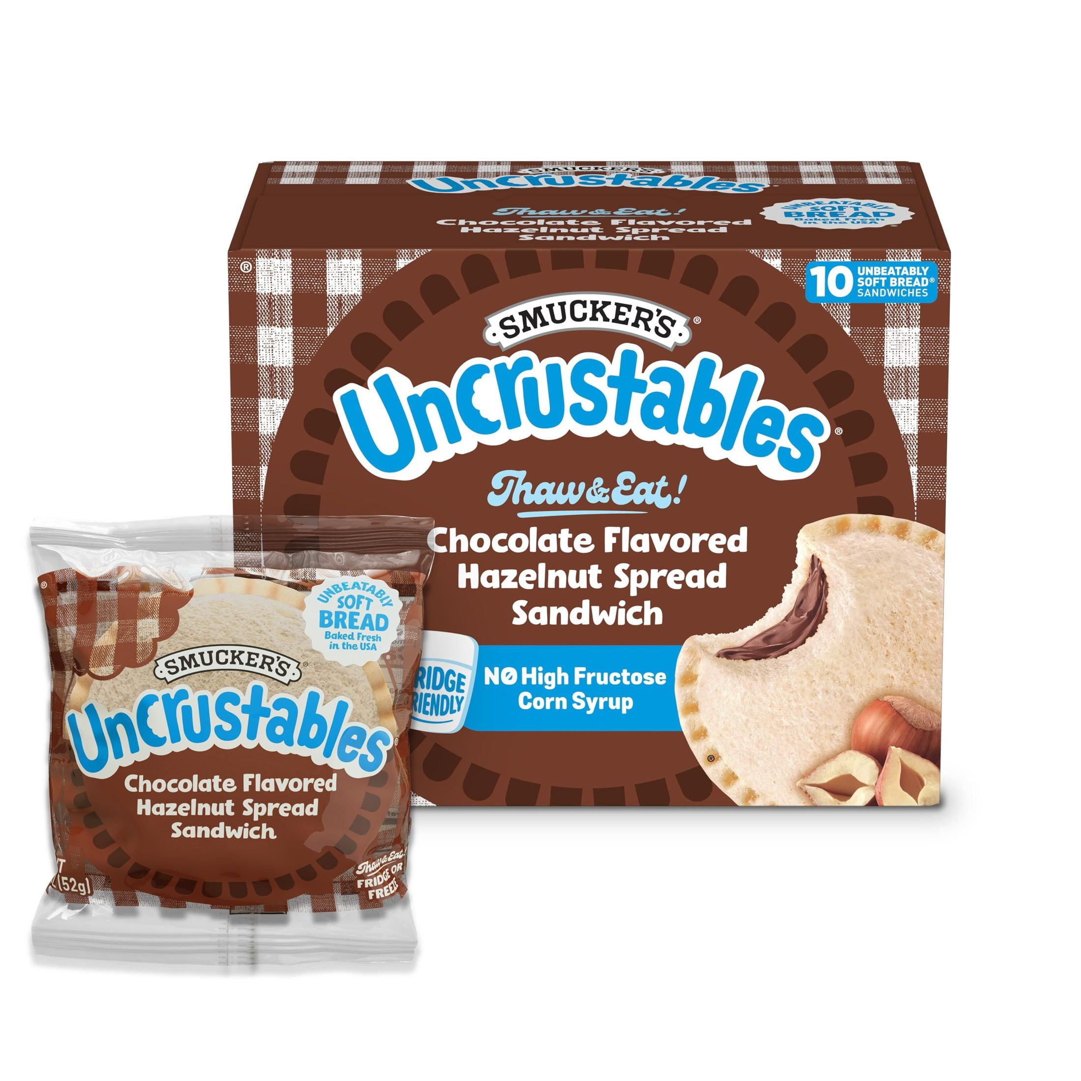 Smucker’s Uncrustables Chocolate Flavored Hazelnut Spread Sandwiches, 10 Count, 1.8 oz Each, Frozen