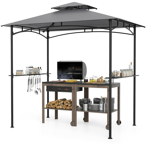 Gymax 8' x 5' Grill Gazebo Outdoor Double-Tiered Grill Canopy w/ 2 Shelves & 6 Hooks