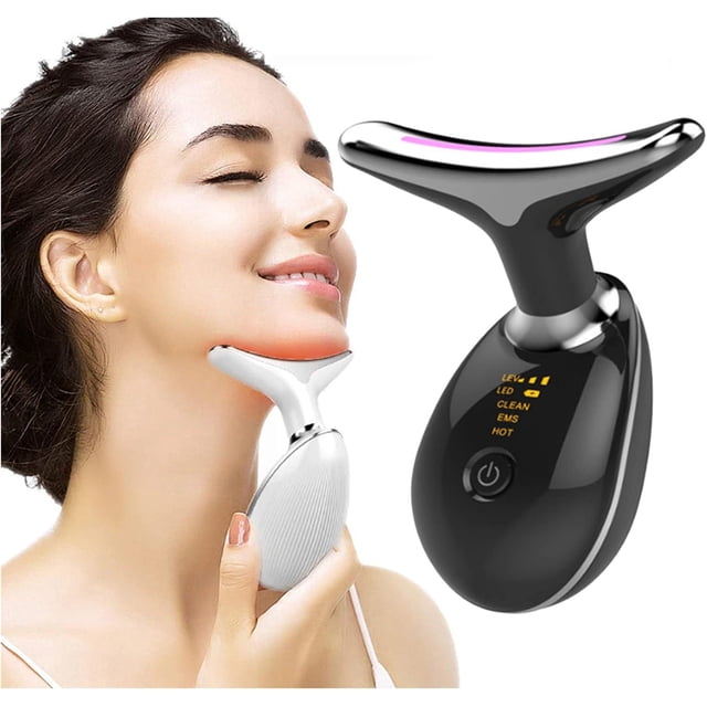 Masajeador facial, dispositivo de belleza para rejuvenecimiento de la piel facial y cuello con 3 luces LED de colores, dispositivo para el cuello brillante (negro)