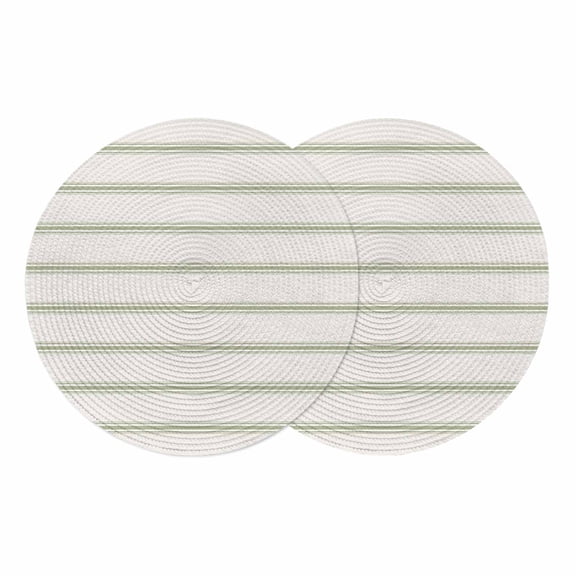 Sage Green Striped Round 15 Inch Placemats Set of 2, Rustic Green Stripe Modern Art Beige HeatResistant Non Slip Place Mats for Dining Table, Wipeable Braided Kitchen Table Mats for Housewarming
