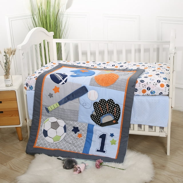Sweet Baba Soft Cotton Blue Crib Bedding Set for Baby Boys,All-Star MVP 3 PC Crib Set