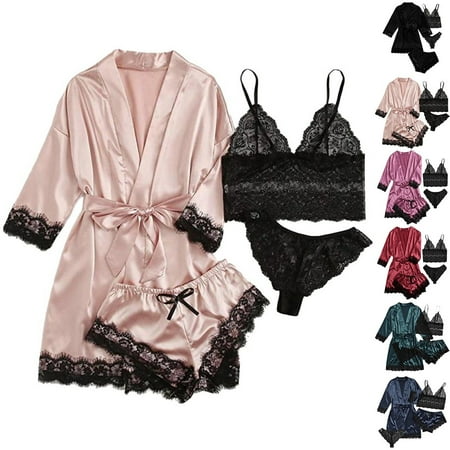 4Pcs Woman Sleepwear Pajamas Robe Sexy Lace Lingerie Silk Satin Home Nightwear Black XL YIWEI