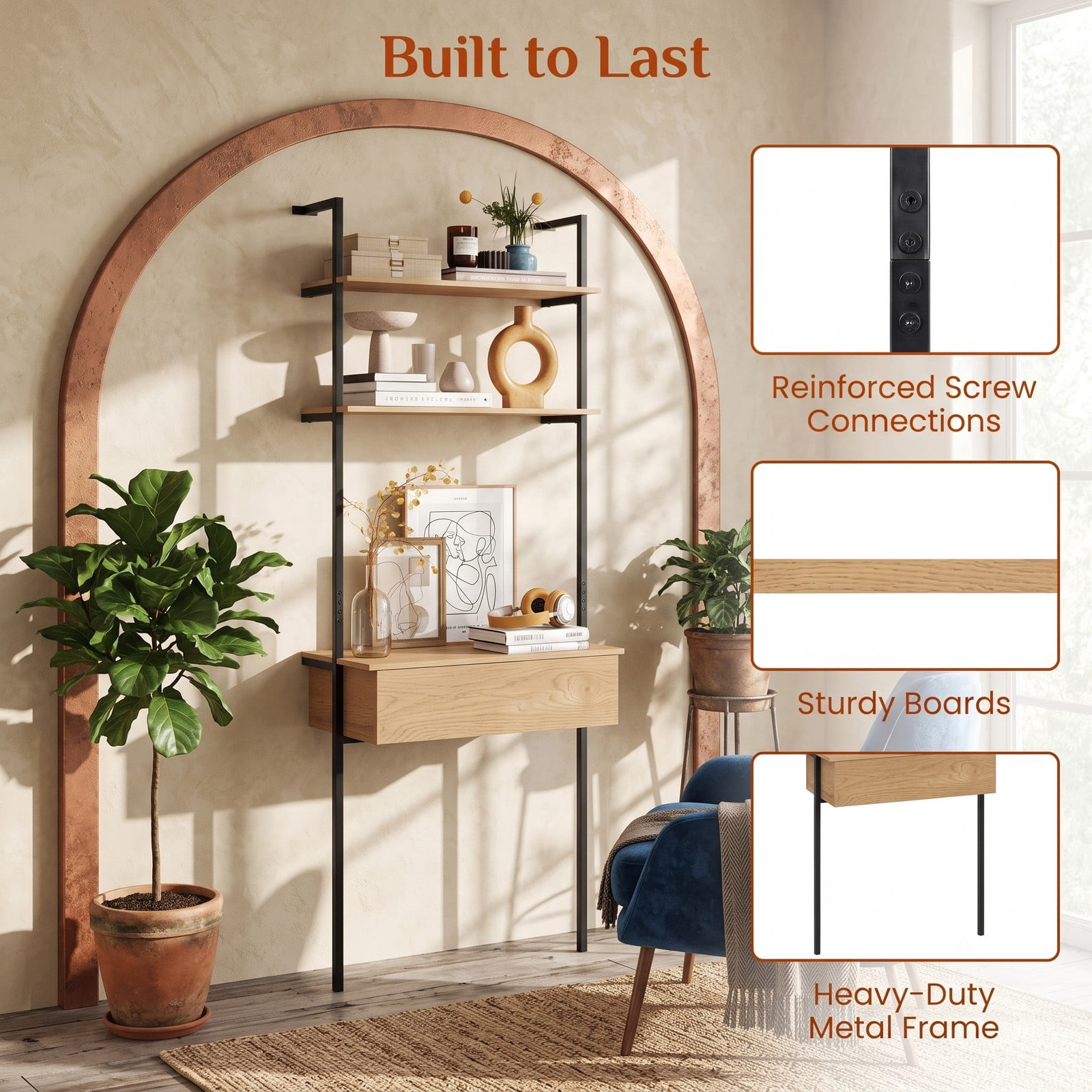 Furnibear 4-Tier Ladder Bookshelf with Drawer, Tall Narrow Metal Frame Bookcase Storage Shelf for Living Room, Bedroom, Home Office, Natural