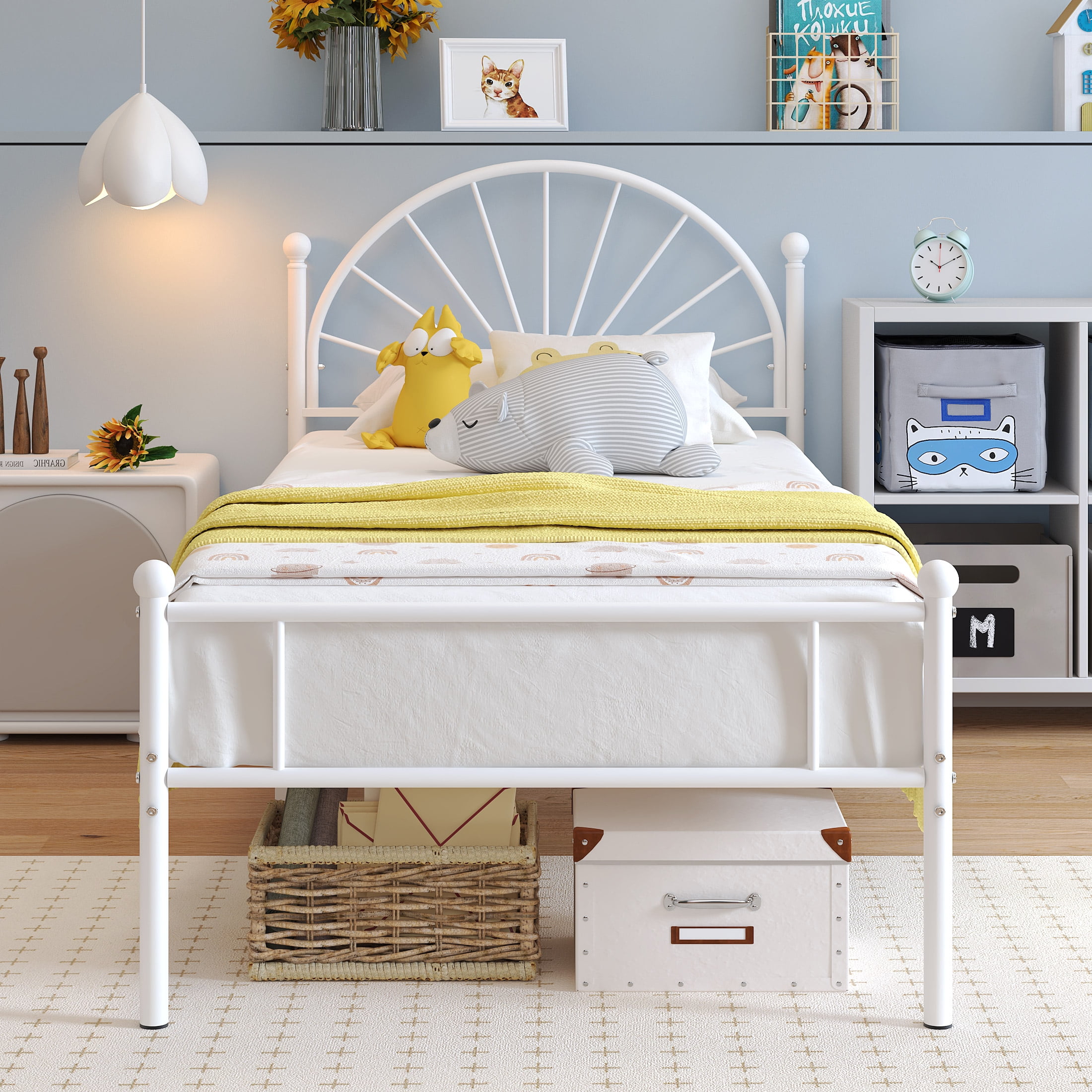 Yoneston Twin Metal Bed Frame with Unique Sun Curve Shape Headboard for Teens Kids Toddlers Bedroom Furniture, White