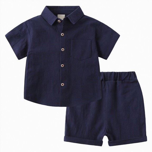 Gubotare Toddler Baby Boy Linen Outfits Solid Color Short Sleeve Lapel Button Down Shirt and Shorts Summer Clothes Set Navy,Size 1-2 Years