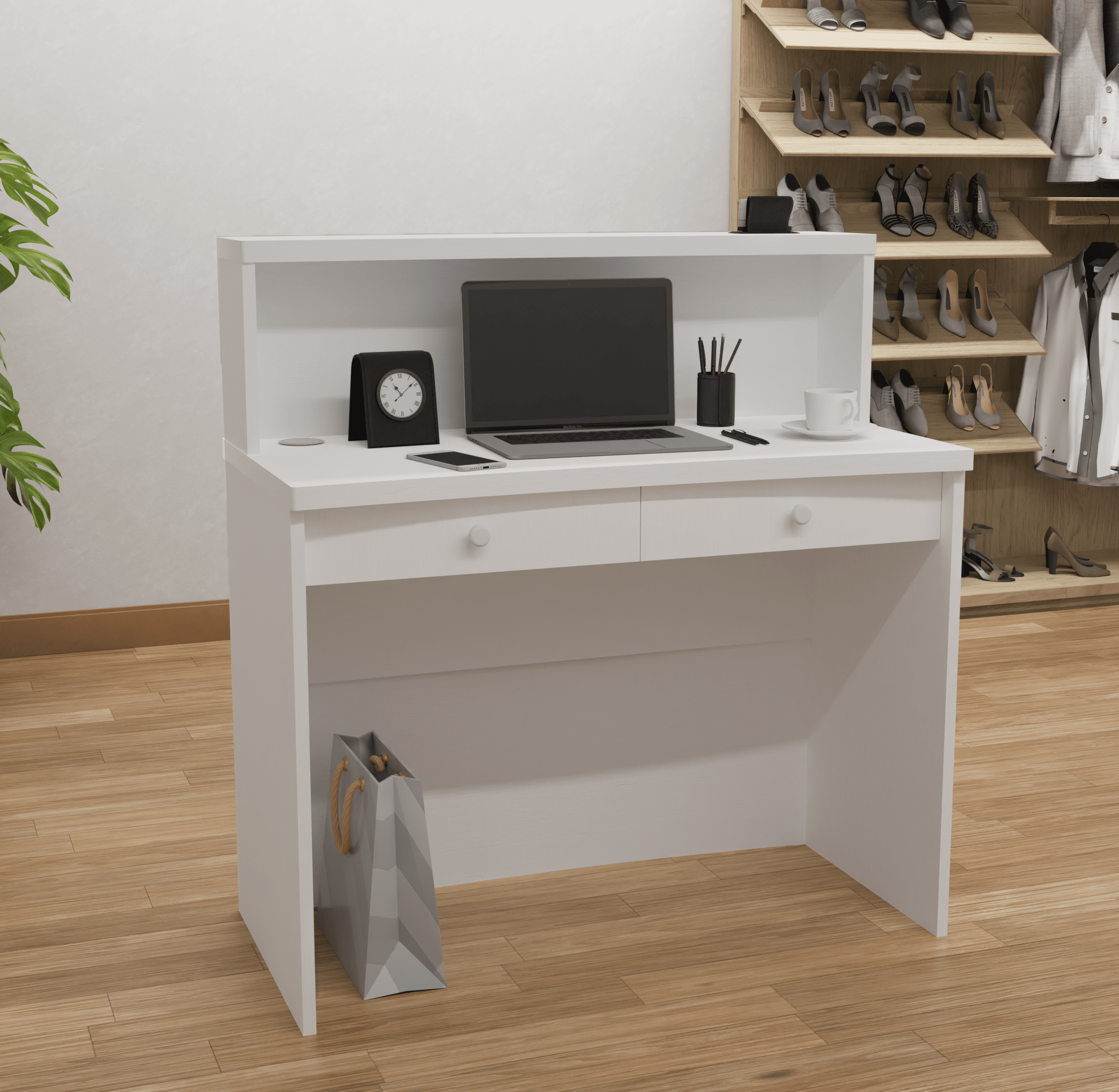 UGOS Mono 40" Modern Reception Desk w/Transaction Counter, Laminate Desktop, Multifunctional Standing Front Desk for Home, Office, Salon, Spas, and Lobby (White)