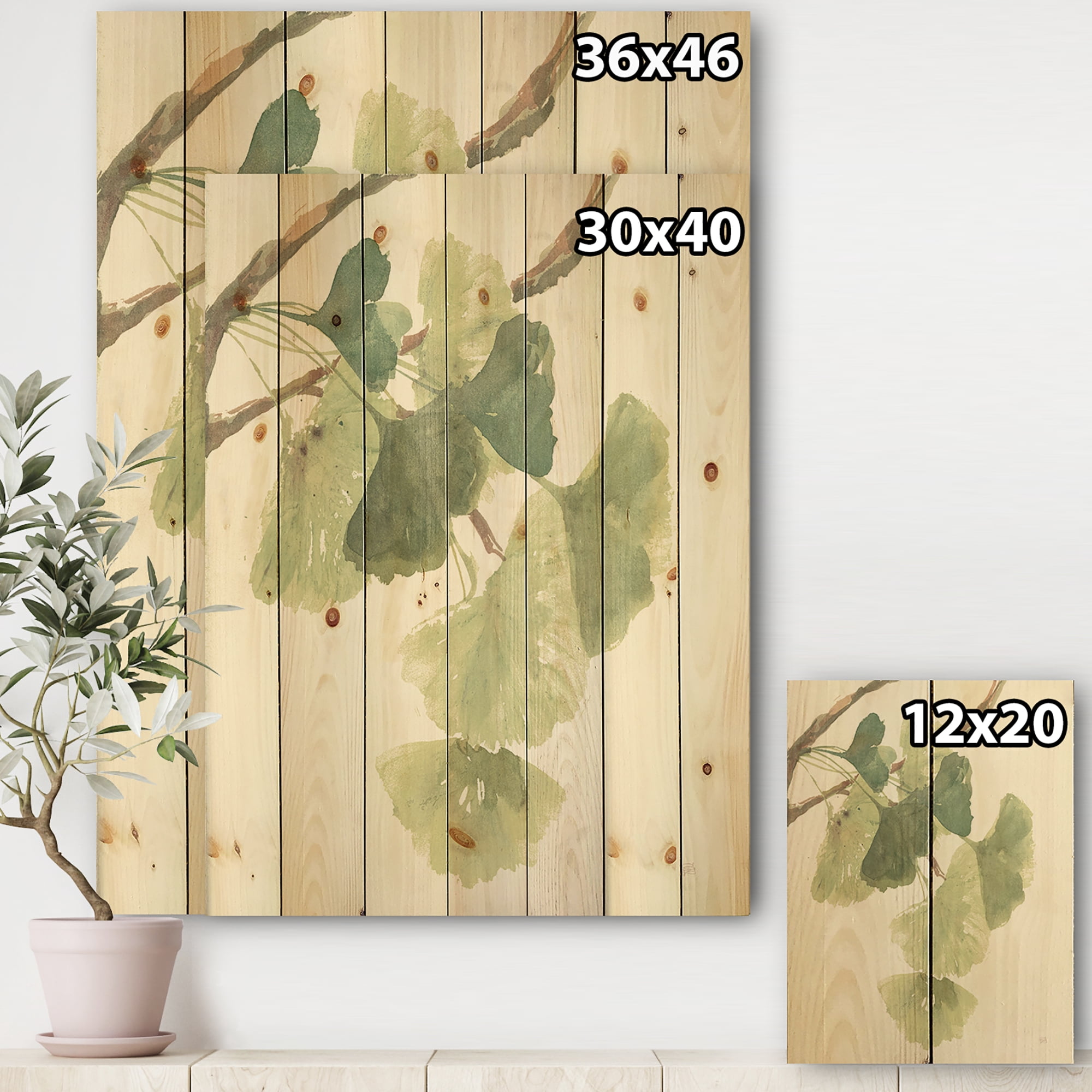 Designart 'Gingko Watercolor Leaves I' Cabin & Lodge Print on Natural Pine Wood