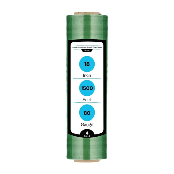 MMBM Cast Hand Stretch Wrap 18" x 1500' 4 Rolls 80 Gauge Green Tinted Plastic Film for Packing and Palletizing