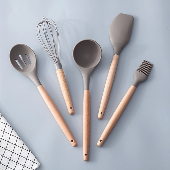 OUNONA Premium Silicone Soup Ladle with Ergonomic Wooden Handle for Comfortable Cooking Use Grey 7.8 Inches