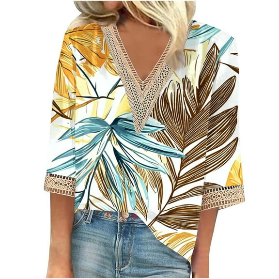 CYMMPU Tunic Tops 3/4 Sleeve Lace V Neck Blouses for Women Dressy Casual Spring Tops Loose Fit Floral Pattern Summer Fashion Shirts Business Elegant Work Topss S