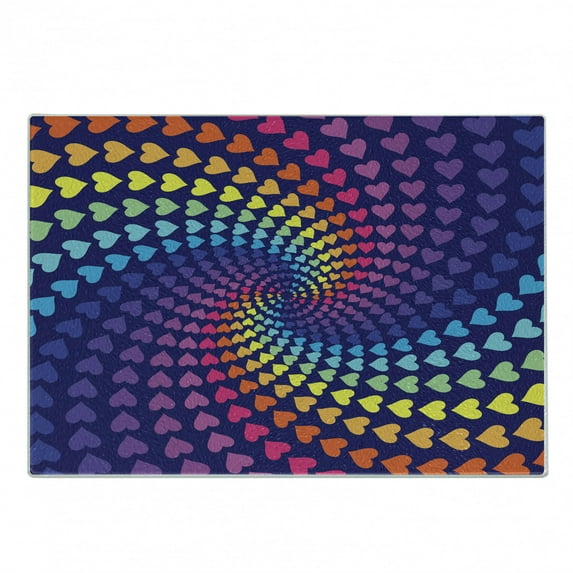 Colorful Cutting Board, Whirlpool of Little Hearts in Rainbow Colors Retro Style Psychedelic Love Romance, Decorative Tempered Glass Cutting and Serving Board, in 3 Sizes, by Ambesonne