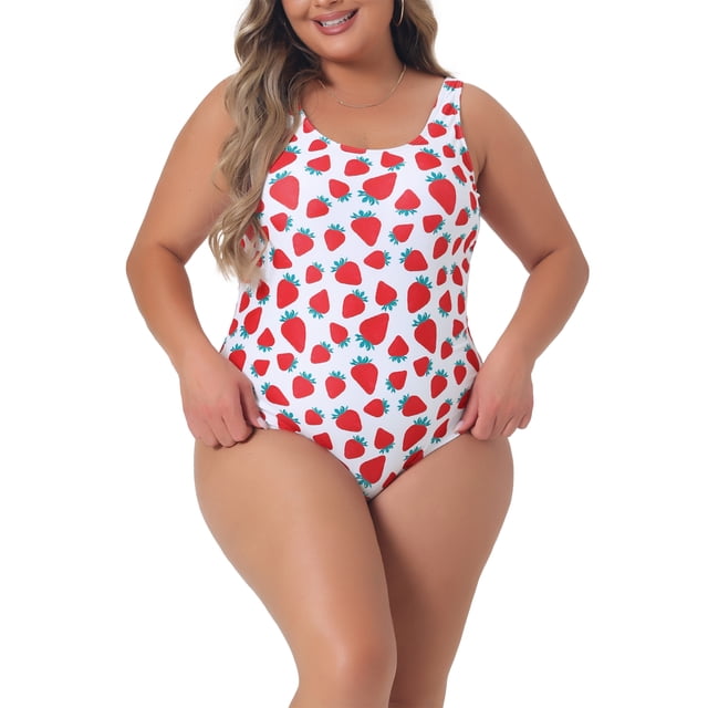 GRACE & GRANDEUR Plus Size One Piece Swimsuits for Women Cute Strawberry Pattern Swimwear Bathing Suits White L