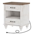 thumbnail image 1 of WAMPAT Table de Chevet avec Station de Recharge, Table d'Appoint Style Ferme, Ports USB et Prises de Courant, 2 Tiroirs et Rangement Ouvert pour Salon, Chambre, Blanc Antique, 1 of 8