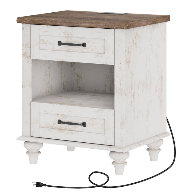 WAMPAT Table de Chevet avec Station de Recharge, Table d'Appoint Style Ferme, Ports USB et Prises de Courant, 2 Tiroirs et Rangement Ouvert pour Salon, Chambre, Blanc Antique
