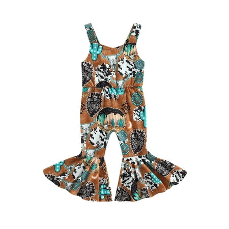 

Western Toddler Baby Girl Summer Overalls Jumpsuits Kid Sleeveless Cow USA Flag Print One Piece Bell Bottom Romper