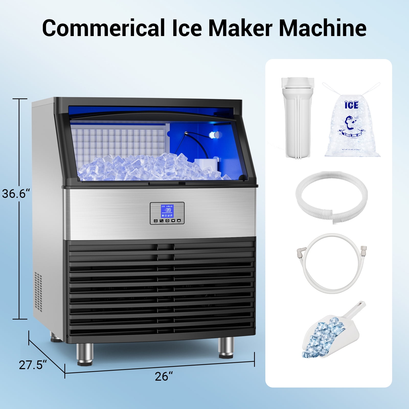 Joreek Commercial Ice Maker, 450Lbs/24H Under Counter Ice Maker Machine, 120Lbs Storage Bin, Adjustable Thickness Settings, Self-Cleaning, Ideal for Home Bar Cafe Restaurants