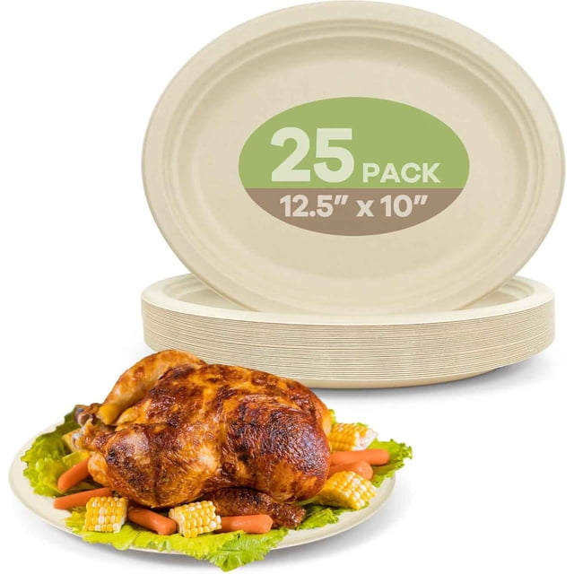 Platos de papel ovalados compostables, paquete de 25 platos desechables de bagazo resistentes, ecológicos, biodegradables, para barbacoa, fiesta, picnic, color café natural