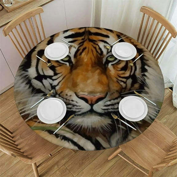 BCIIG Tiger Grass Eyes Closed Round Table Cover Stain Resistant & Washable for Indoor Outdoor Kitchen Dining Wedding Parties - 100% Polyester Fiber 31"-35