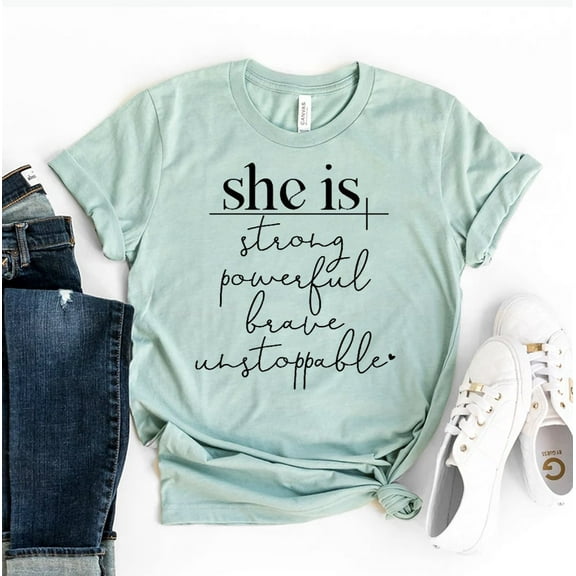 She Is Strong Powerful Brave T-shirt Unstoppable Shirt Empowerment Top Religious Shirts Cross Tshirt Jesus Gift Women's Scripture Tee