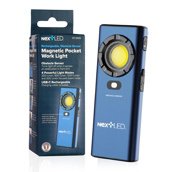 NextLED NT-6685 Pro Lampe de Travail Rechargeable LED, Lampe de Poche HVAC 1200 Lumens avec Capteur d'Obstacle, Lampe de Travail Magnétique avec Crochet Suspendu, Étanche IPX7, Boîtier en Aluminium, pour Chantier, Réparation de Voiture, Urgence