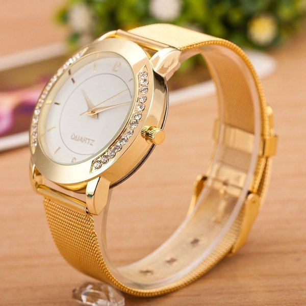 Relojes de moda para mujer, reloj de cuarzo de lujo para mujer, relojes de vestir de acero inoxidable dorado, relojes con correa de Metal, reloj de diamantes de imitación para mujer LingWen 8390606051059