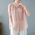 thumbnail image 5 of Lovskoo Collared Shirts for Women Cotton Linen Casual Loose Solid Color Doll Collar Short Sleeved Shirt Pink 2XL, 5 of 9