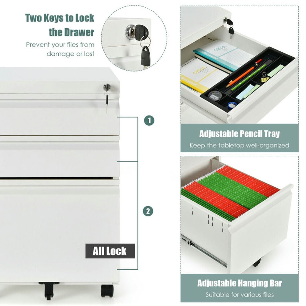 Demi Bonn 3-Drawer Mobile File Cabinet with Lock, Stee Filing Cabinet for Home Office, White
