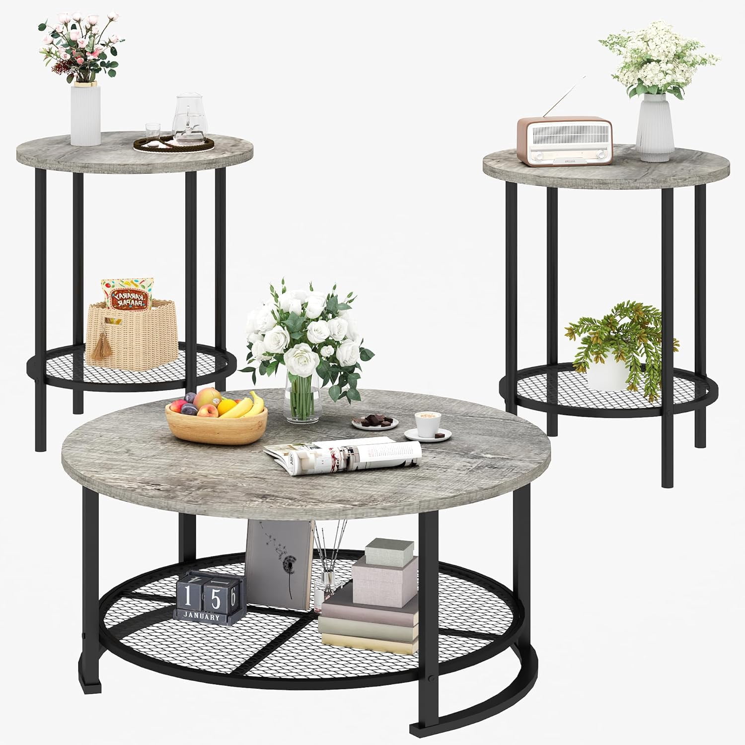 Baxluxe Round Coffee Table Set of 3, Wooden Living Room Center Table with 2 End Tables, Middle Table and Side Tables Set with Storage Shelves, 3 Pieces Tea Table Set for Home, Office, Gray