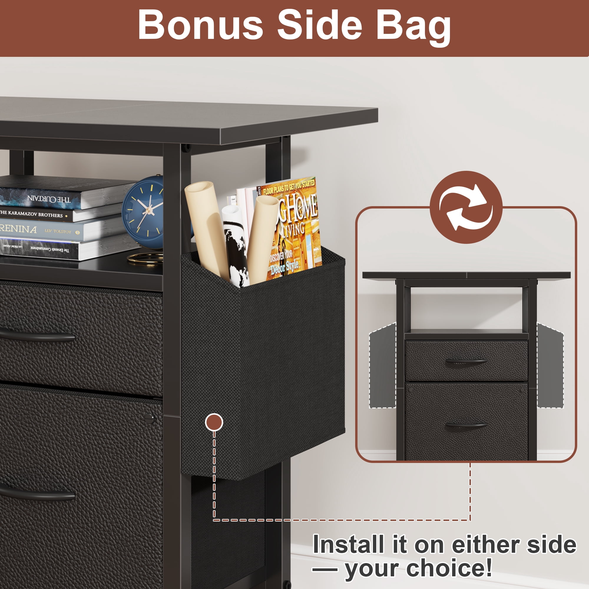 HIGDBFE File Cabinets with 2 Drawer, Rolling Fabric Filing Cabinet with 24'' Large Tabletop, Printer Stand for Home Office, Fits A4/Letter Size, Rustic Black