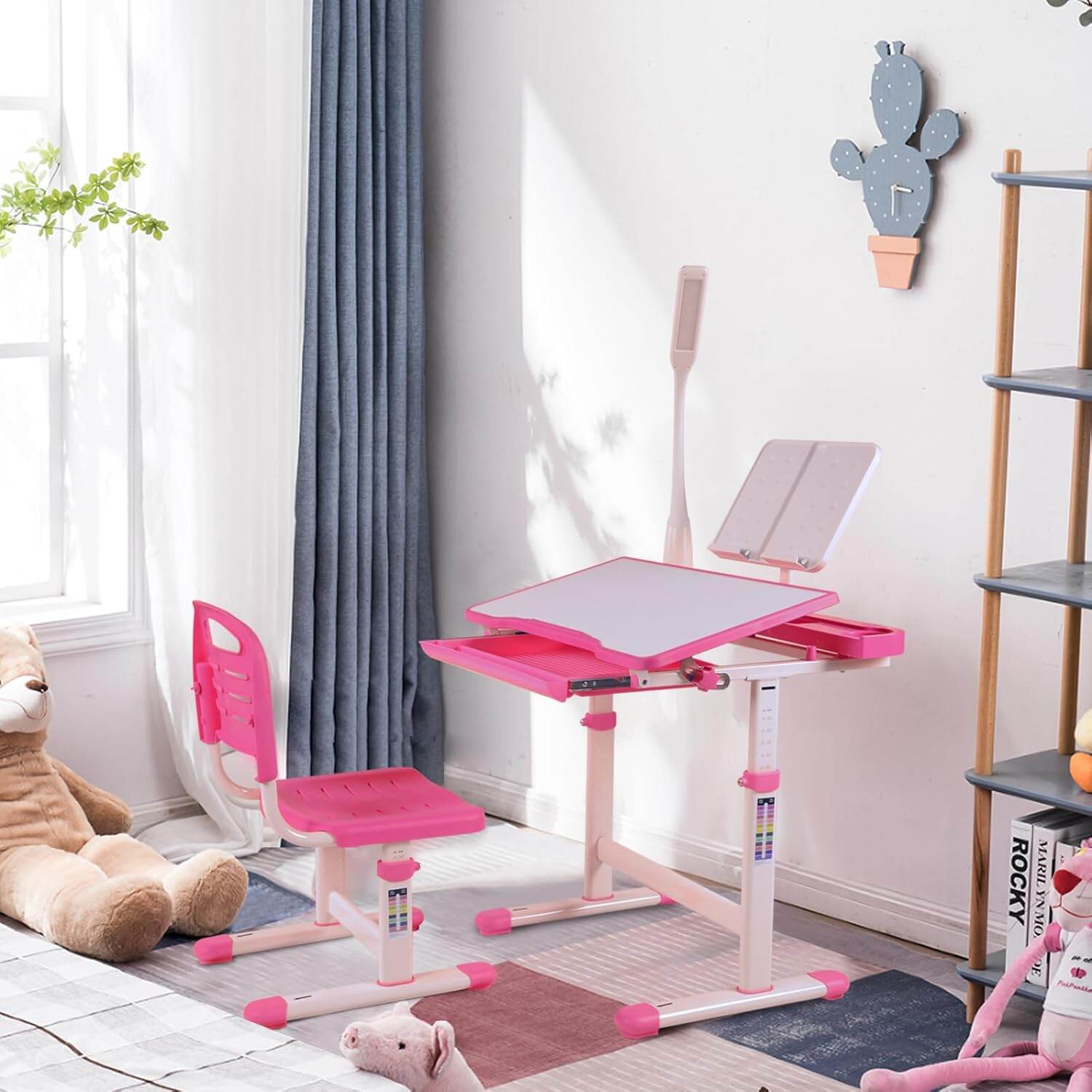 Kids Furniture Desk for Kids Desk and Chair Set Kids Art Desk Drafting Table Desk Set with Adjustable Height, 40-Degree Tiltable Children Desktop, LED Light,Bookstand,Blue,Baby Nursery Furniture