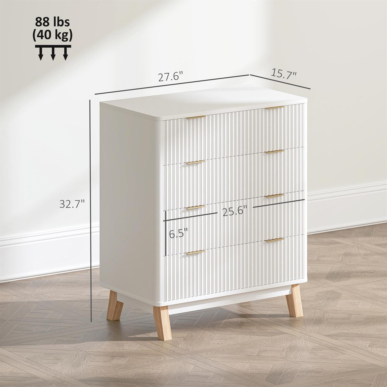 Demi Bonn 32" Wood Drawer Dresser, Fluted Design with Gold Pulls and Wood Legs, 4-Drawer Storage for Bedrooms, White
