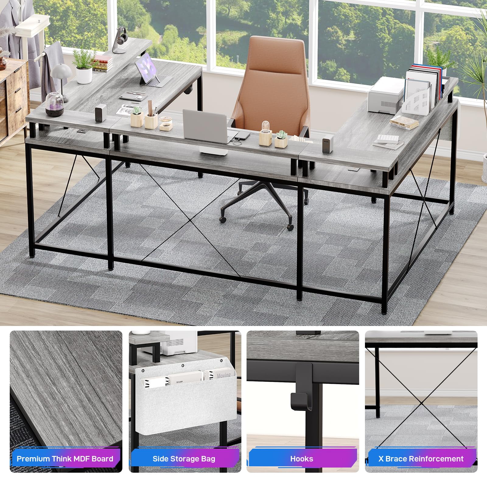 TROPOW U-Shaped Table, Reversible L-Shaped Computer Gaming Table, Large Corner Table with LED Light Strip, Power Outlet, Monitor Stand, Storage Shelf for Home Office - Gray