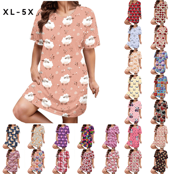 Sakmal Plus Size Moomoo Nightgowns for Women Cute Sleep Dress Short Sleeve Pink Nightgowns for Women