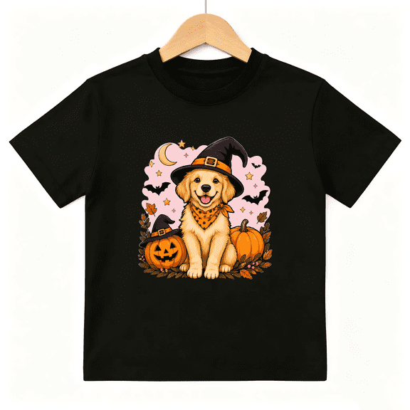 Halloween Witch Golden Retriever Puppy with Pumpkins Short Sleeve Crewneck Cotton Kids T-Shirt