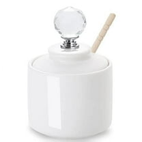 Ceramic Honey Jar with Dipper and Round Crystal Lid , Small Honey Pot for Home Kitchen, 8oz (Silver)