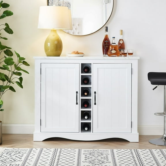 FESTIVO 47" Marbling Countertop Buffet Bar Cabinet w/ Glass Holders White Off-White Finish, Matte, Wood Finish